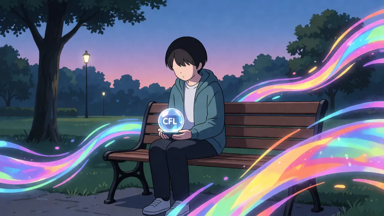 Anime figure holding a dull crystal orb while vibrant market energy flows by.