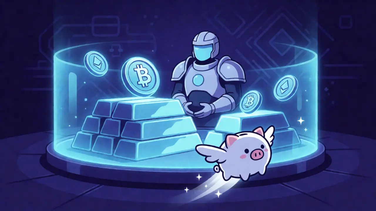 Anime guardian protecting crypto assets in a vault with flying piggy bank mascot