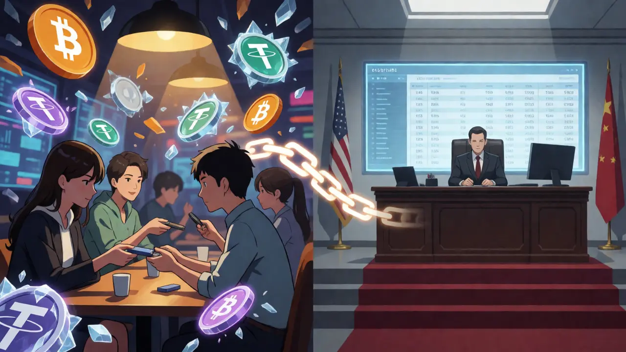 Anime illustration contrasting informal P2P crypto trades with strict government surveillance systems.