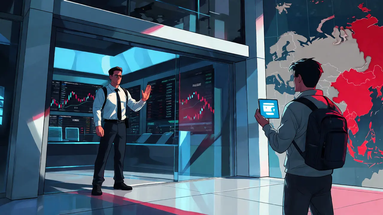 Anime illustration of a digital bouncer restricting access to a crypto trading platform