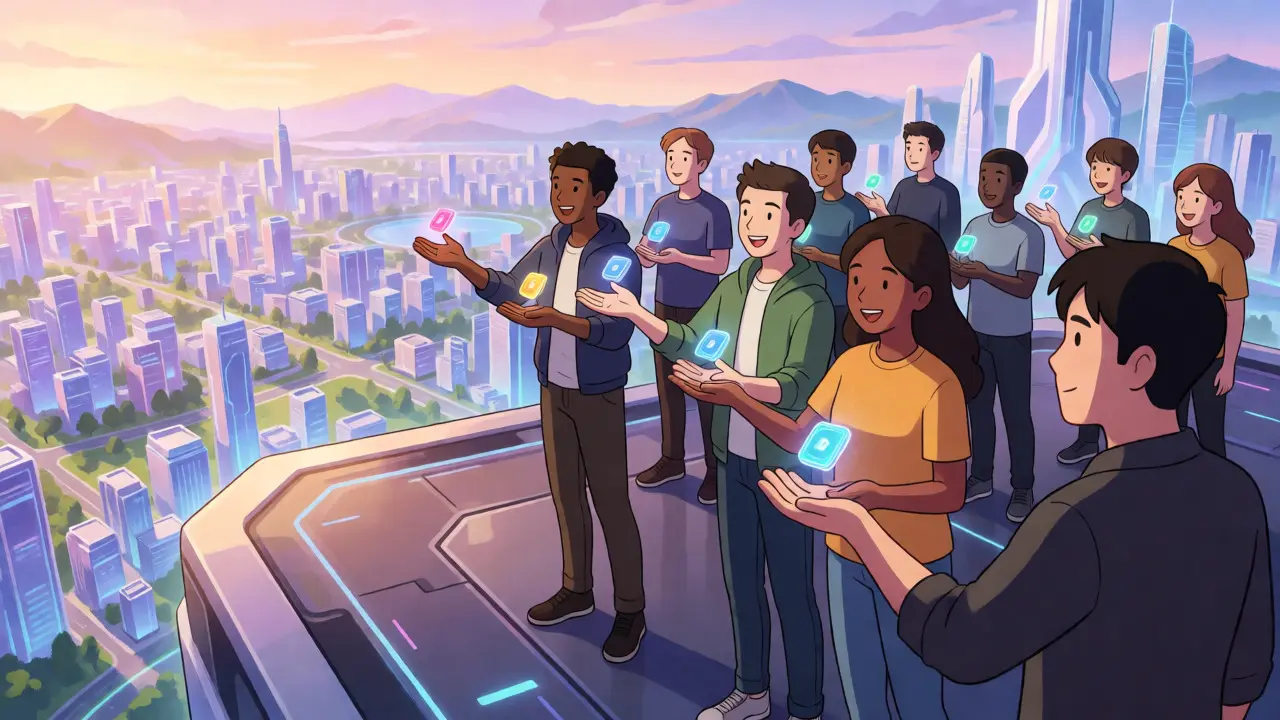 Anime players receiving glowing ZUKI tokens in a futuristic city