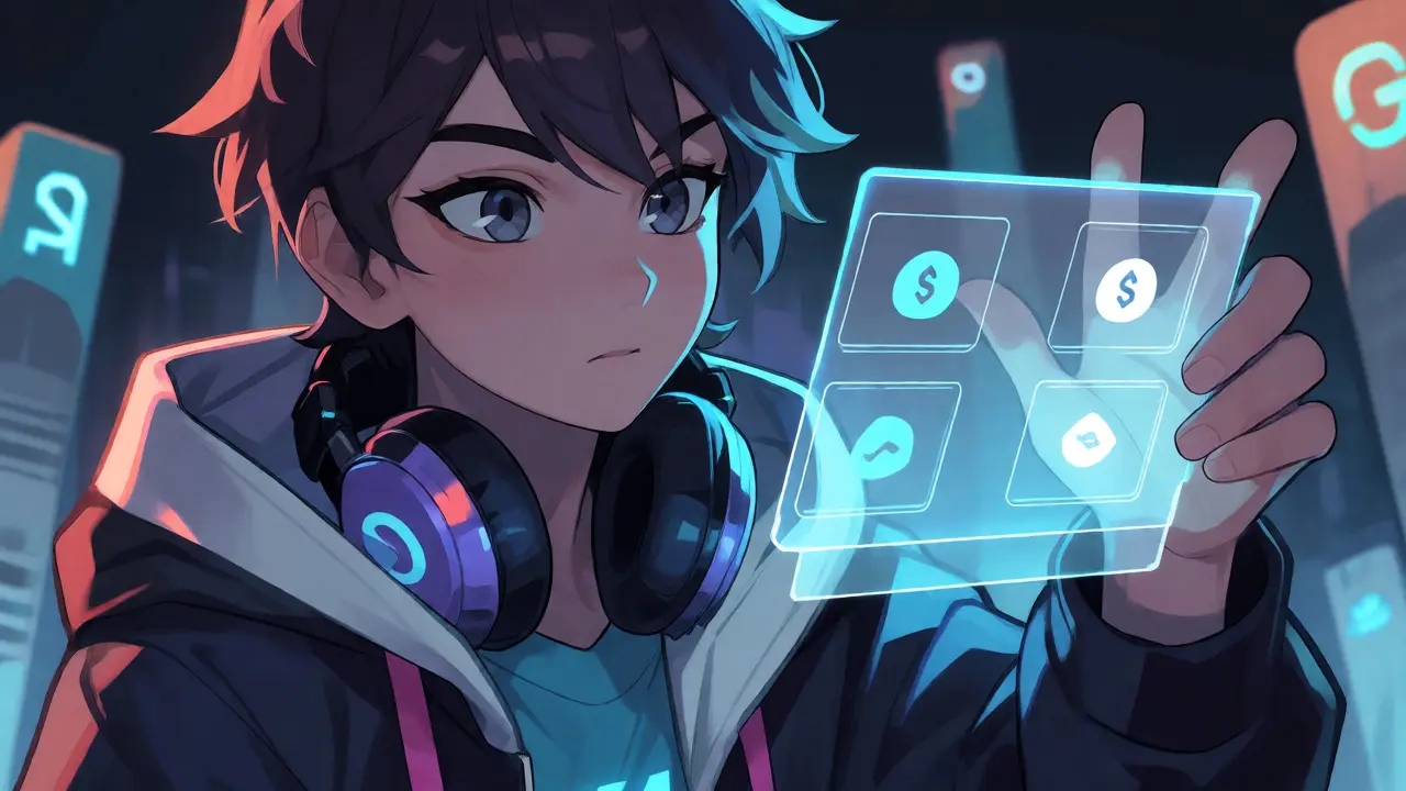 Anime protagonist examining simple DEX interface hologram