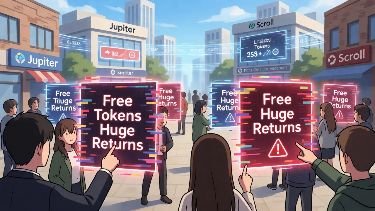 Anime scene contrasting flashy scam banners with stable, verified crypto projects.