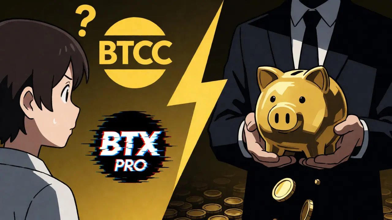 Anime scene contrasting trusted vs. fake exchange names and pig butchering scam.