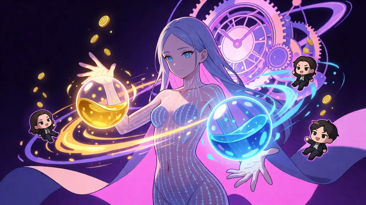 Anime smart contract entity balancing FIL lending pools with dynamic interest rate visuals.