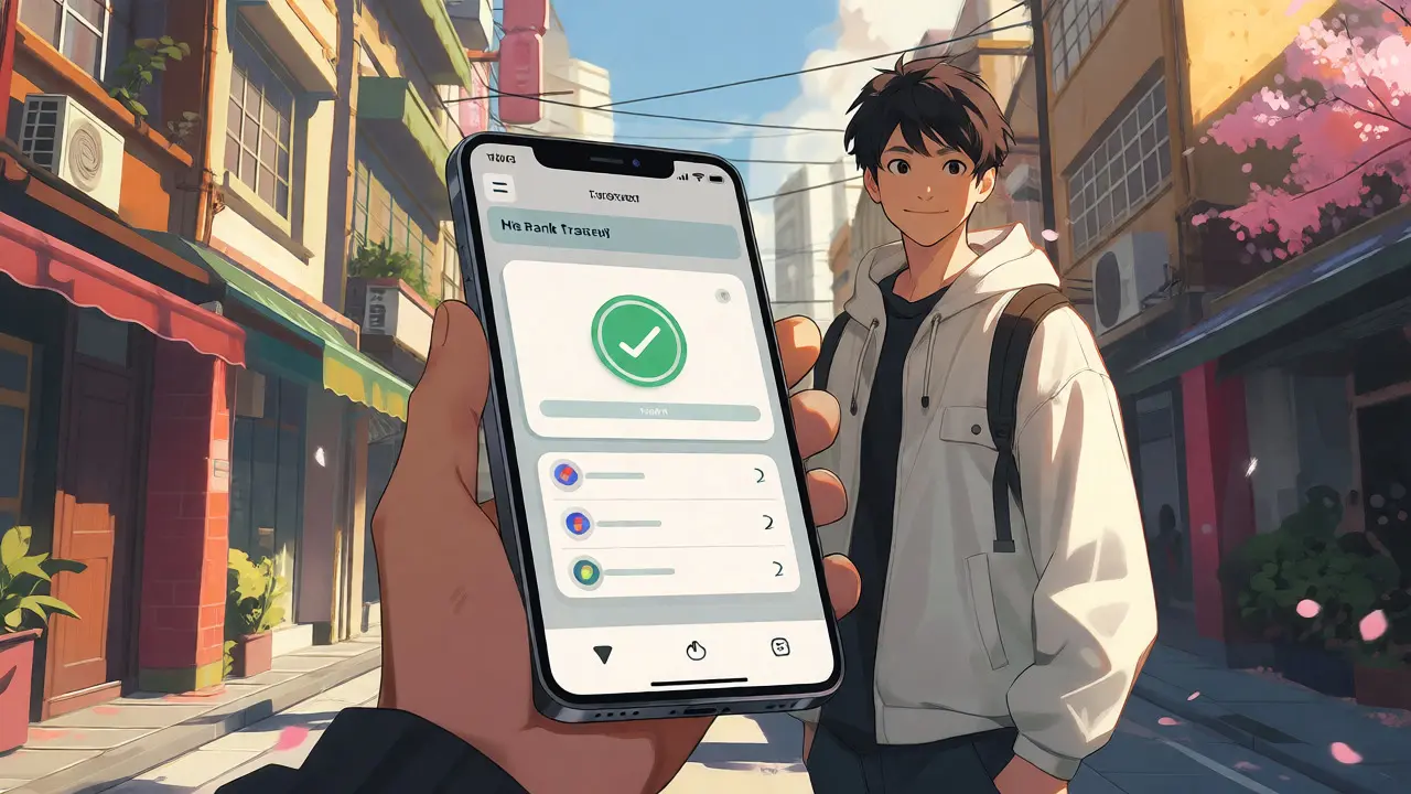 Anime style person checking crypto app in Taipei