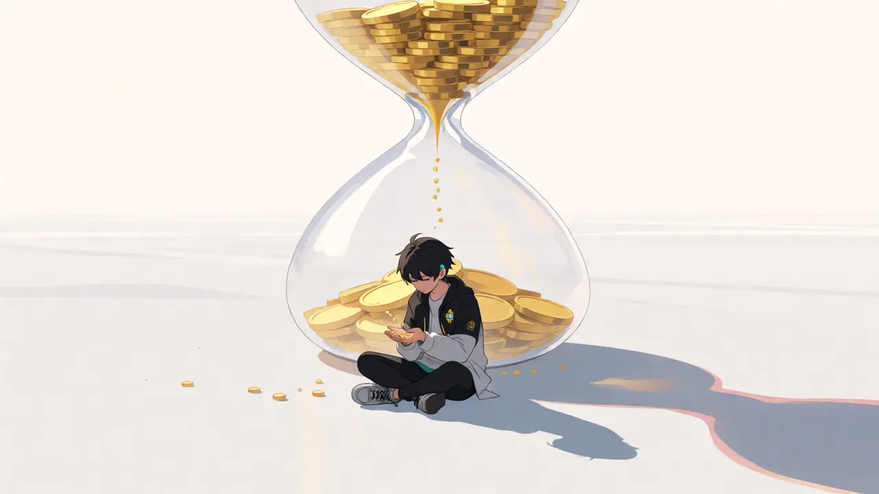 Anime trader holding falling coins against a stark, empty background