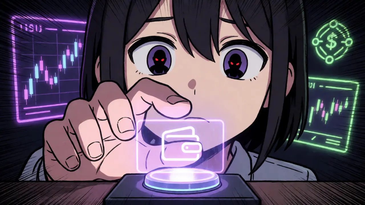 Anxious anime hand hovering over crypto claim button with shadow threat