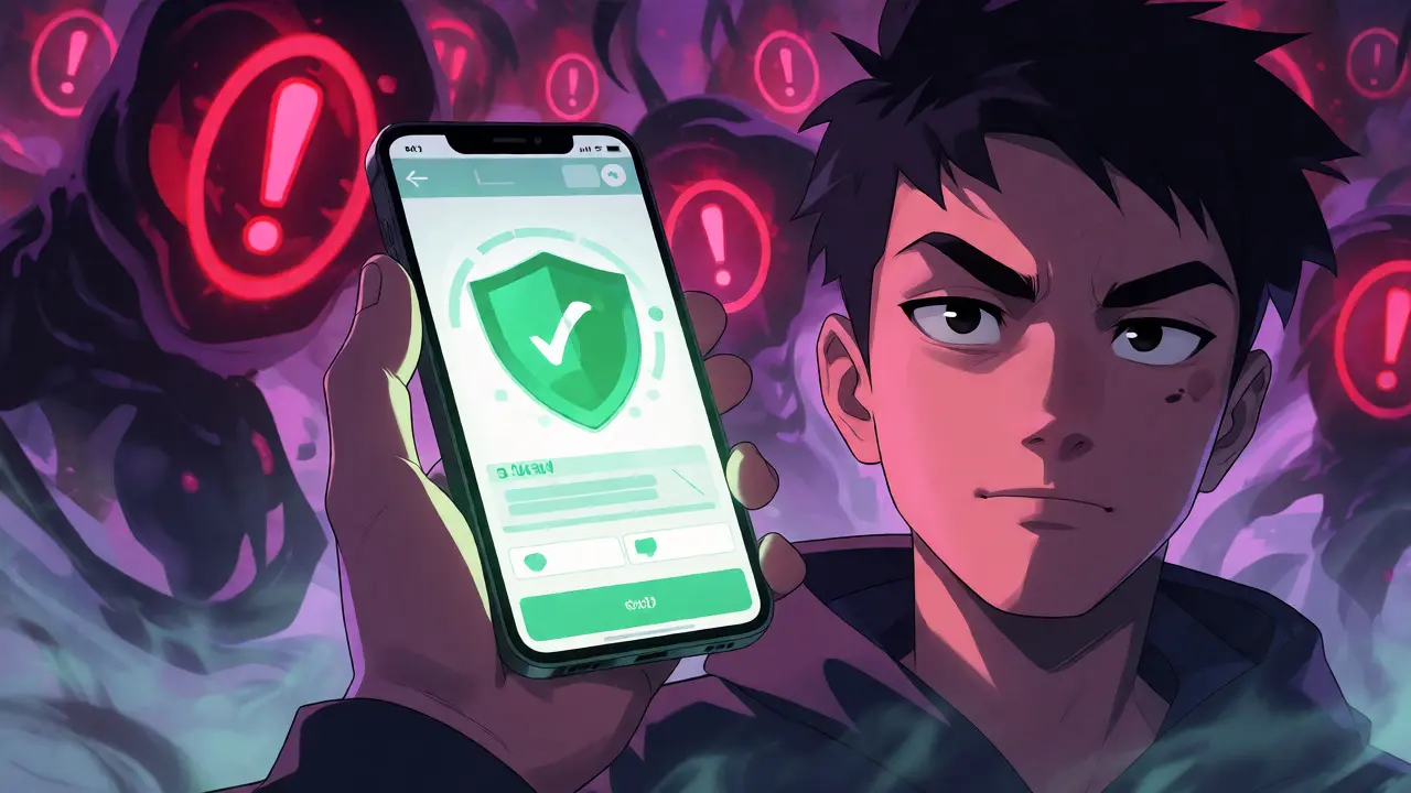 Cautious anime figure holding a phone amidst shadowy scam warnings.