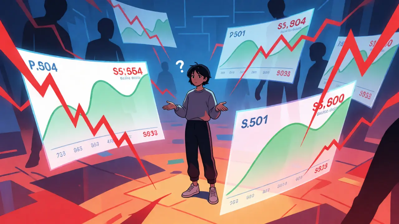 Chaotic digital charts showing conflicting prices and market manipulation.