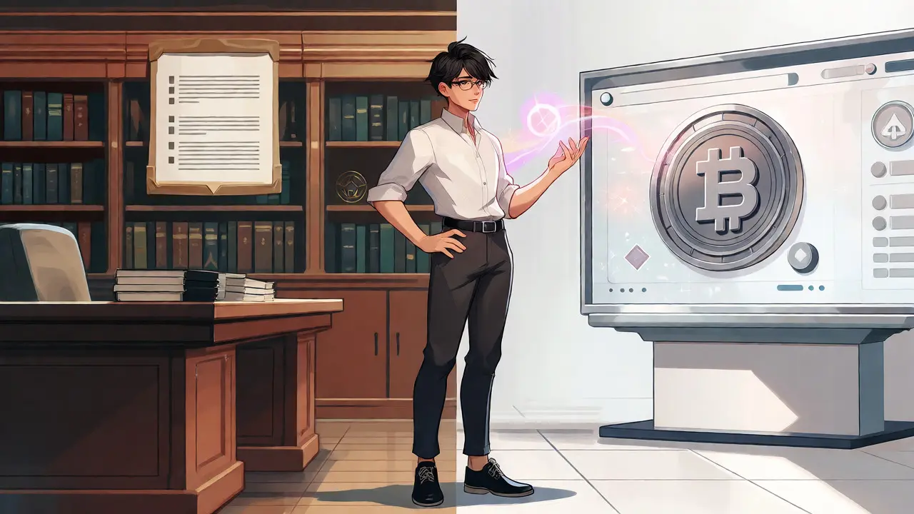 Character bridging traditional finance and blockchain technology in a balanced anime scene.