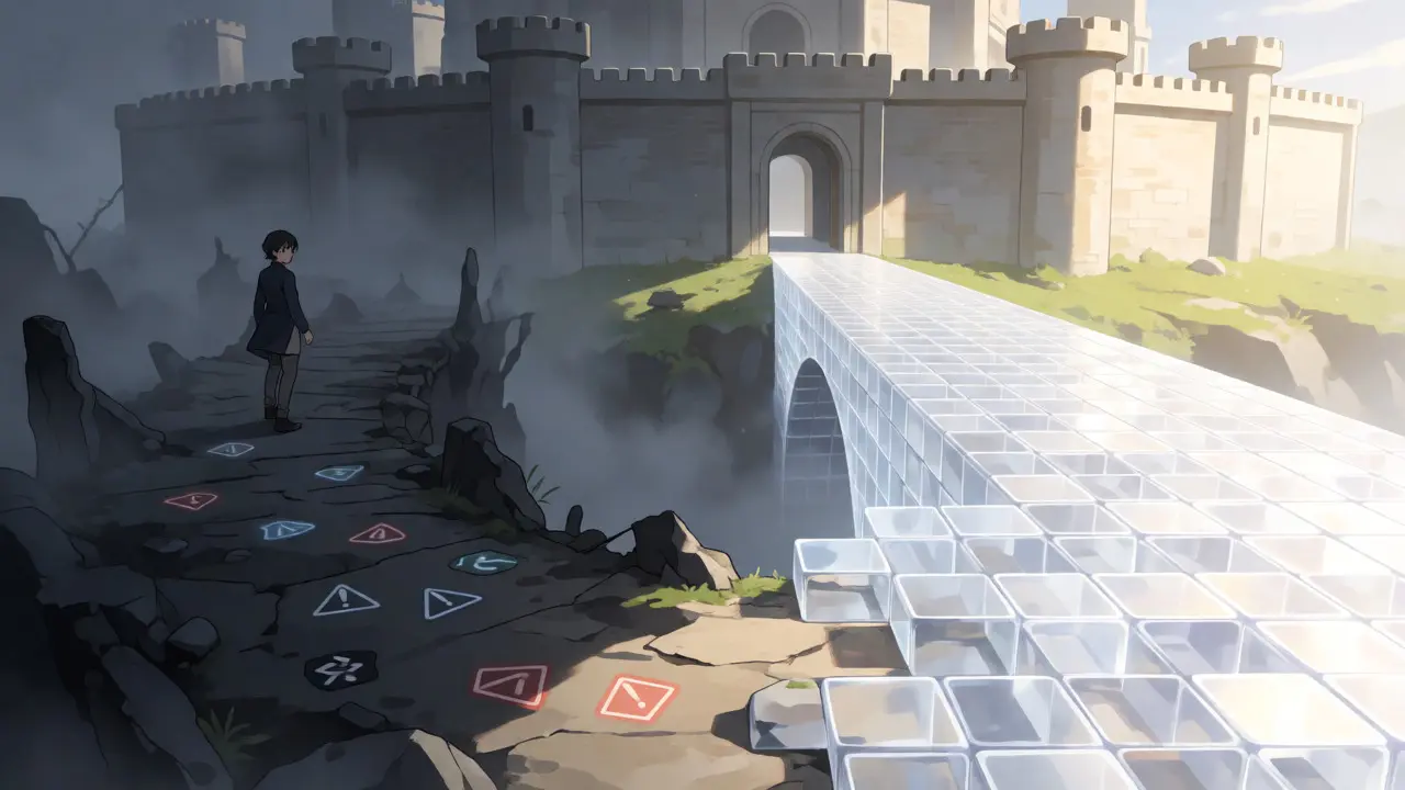Choosing between a dark risky path and a bright secure bridge to safety.