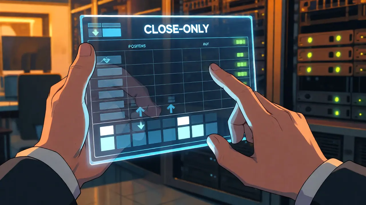 Close-up of an anime-style trading interface in close-only mode with shrinking positions
