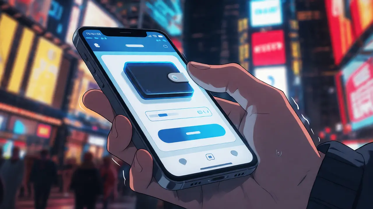 Close-up of hands holding a smartphone showing a crypto wallet connection interface.
