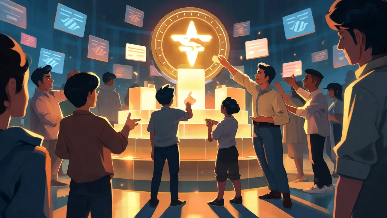 Community members staking and governing around a central glowing TRADE token structure.