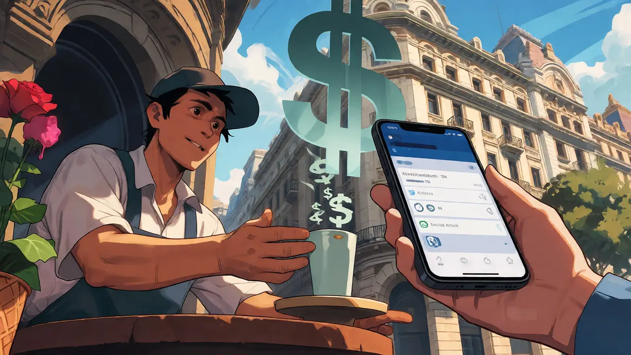 Customer paying for coffee with stablecoins on a smartphone in Buenos Aires.
