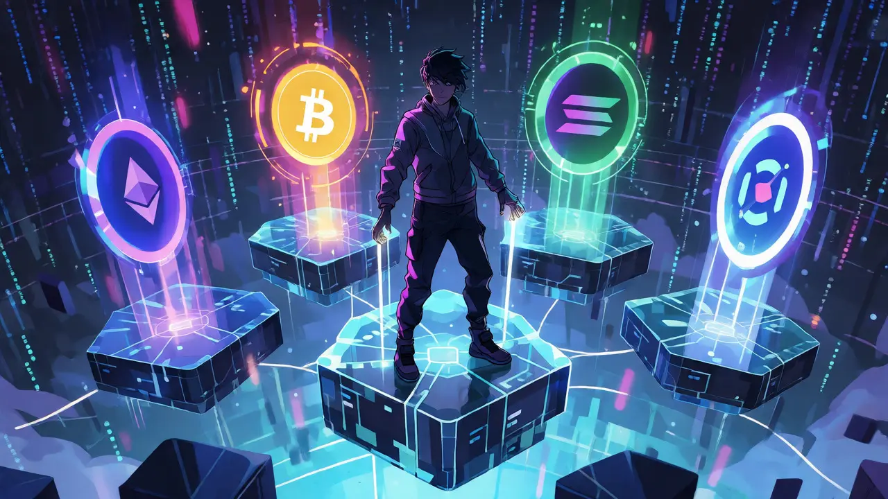 Cyberpunk anime character connecting multiple blockchain networks for derivatives