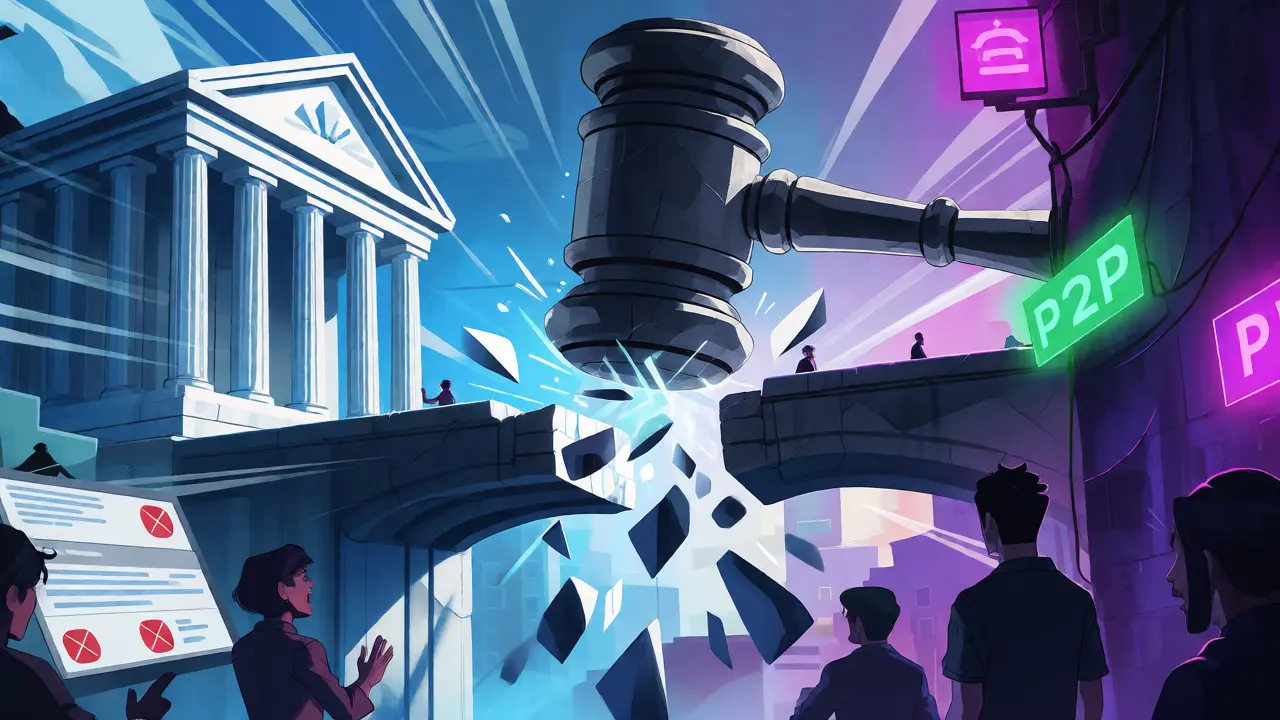 Dramatic anime illustration showing the 2021 banking ban shattering connections between banks and crypto markets.