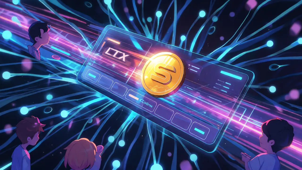 Fast-moving LTX tokens traveling across a glowing Solana blockchain network.