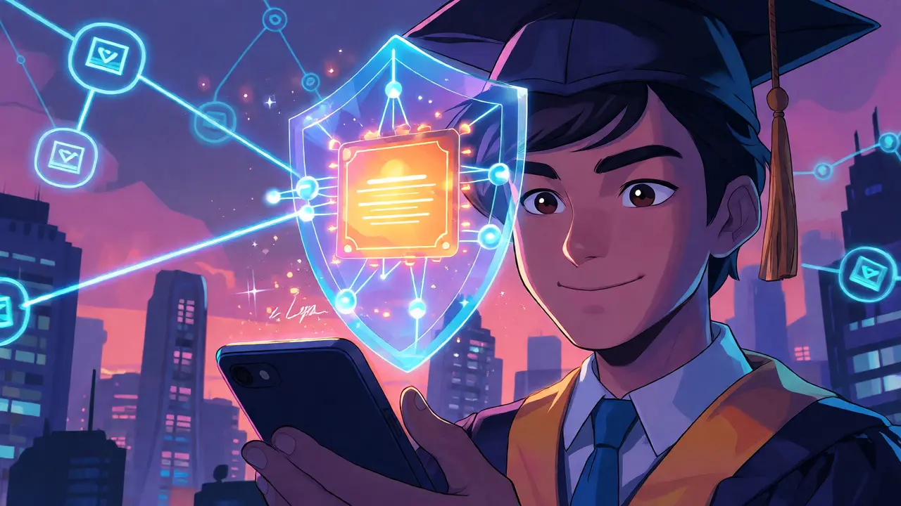 Glowing blockchain shield protecting a digital credential in anime style