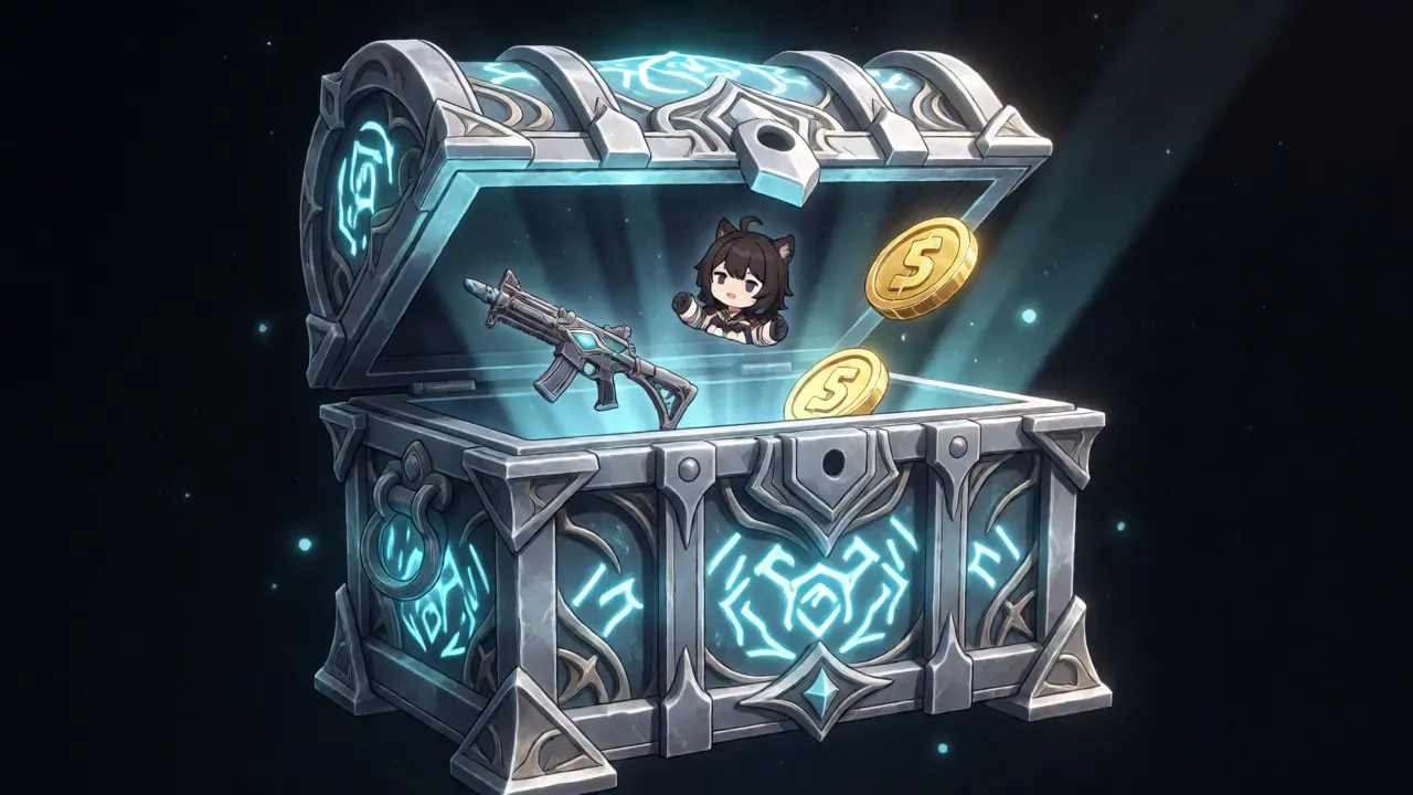 Glowing silver treasure chest revealing NFT rewards and tokens