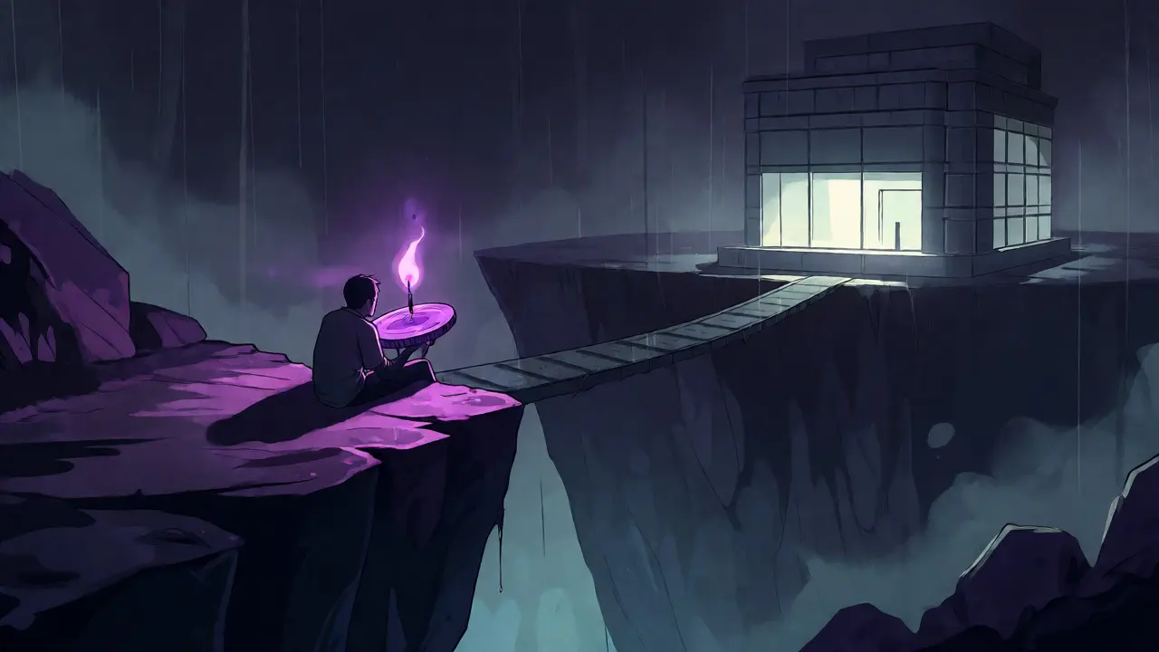 Lone anime figure holding a dim coin over a dark abyss representing low liquidity