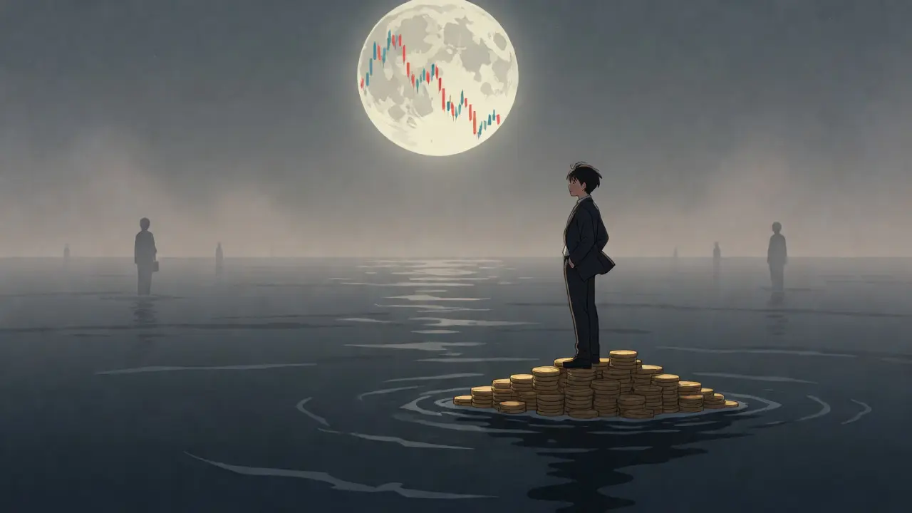Lone anime trader on a small island facing a vast, empty crypto sea.