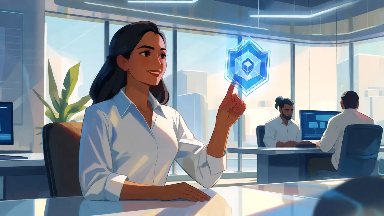 Professional working in a regulated crypto office with sunlight, anime art