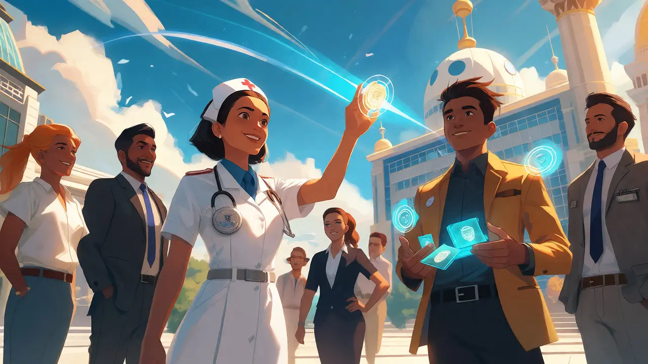Professionals verifying credentials instantly across borders in anime art