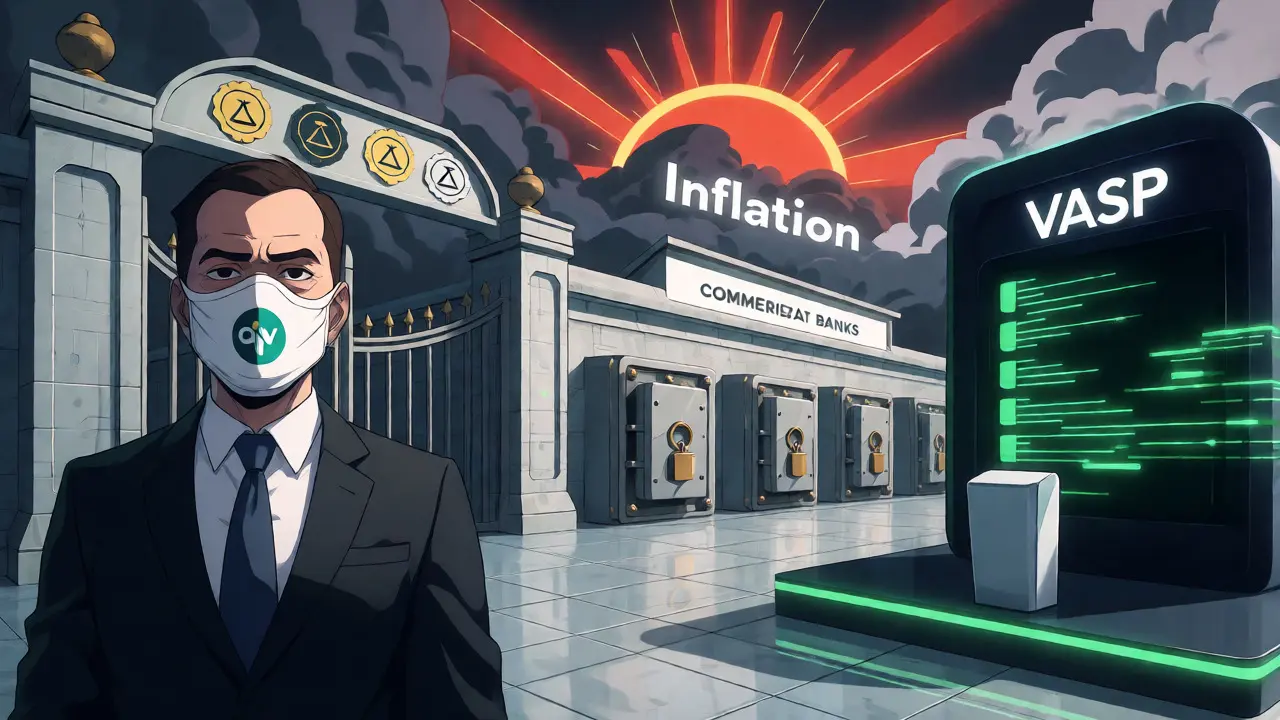 Regulatory figure guarding a bank while crypto platforms remain open.