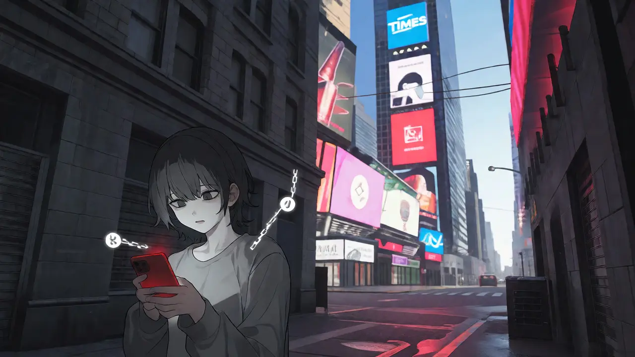 Shocked anime character in an alleyway watching funds drain from their phone.