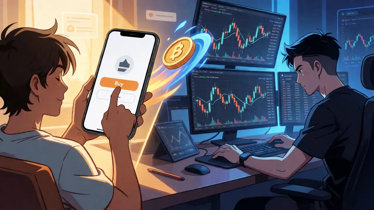 Split scene comparing simple crypto buying with advanced trading charts in anime style