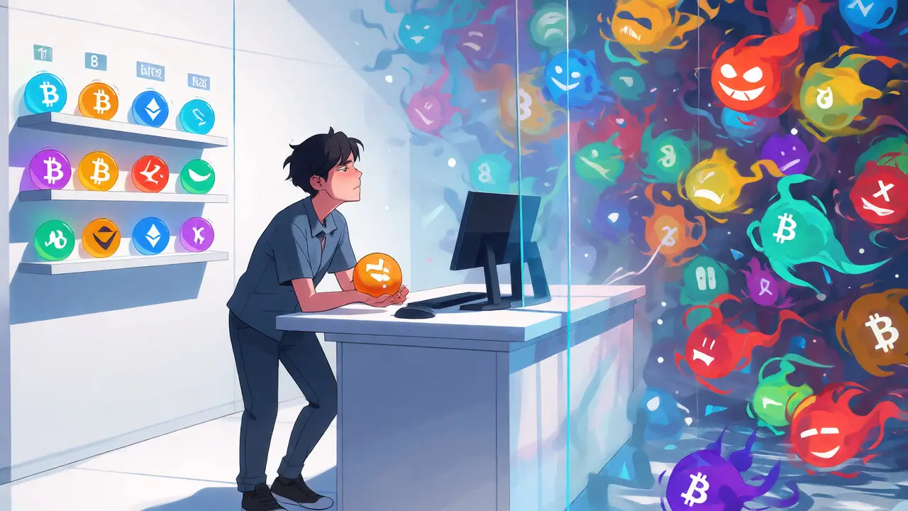 Trader facing a limited selection of crypto orbs behind a glass wall
