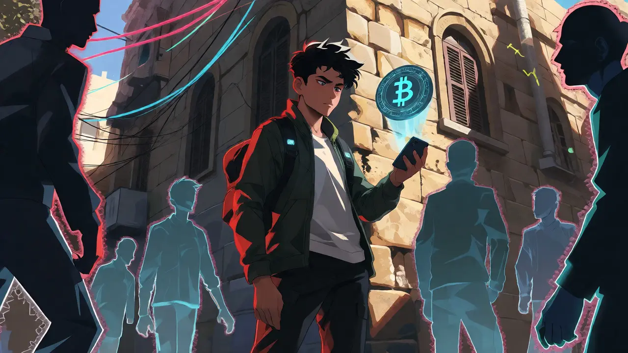 Young trader facing risky P2P counterparts in Amman, anime illustration