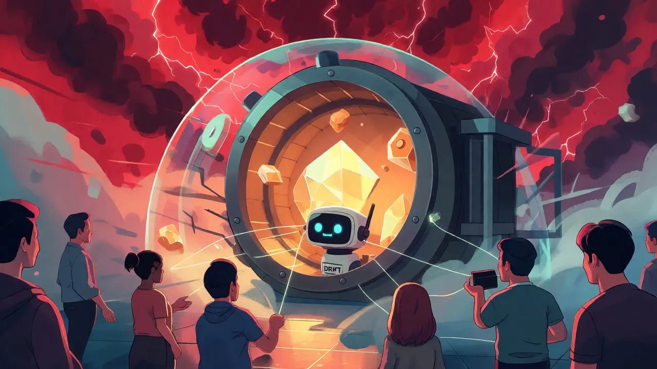 Anime shield protecting a vault from volatility storms with connected user figures.