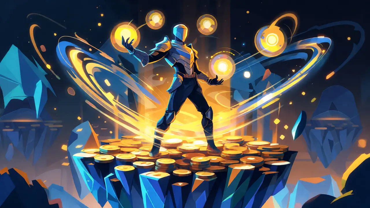 Anime trader manipulating energy orbs to show unified margin and JIT liquidity.